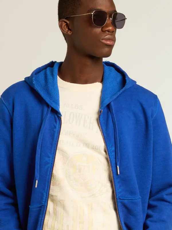 Men’s blue-colored hoodie with lettering on the back online