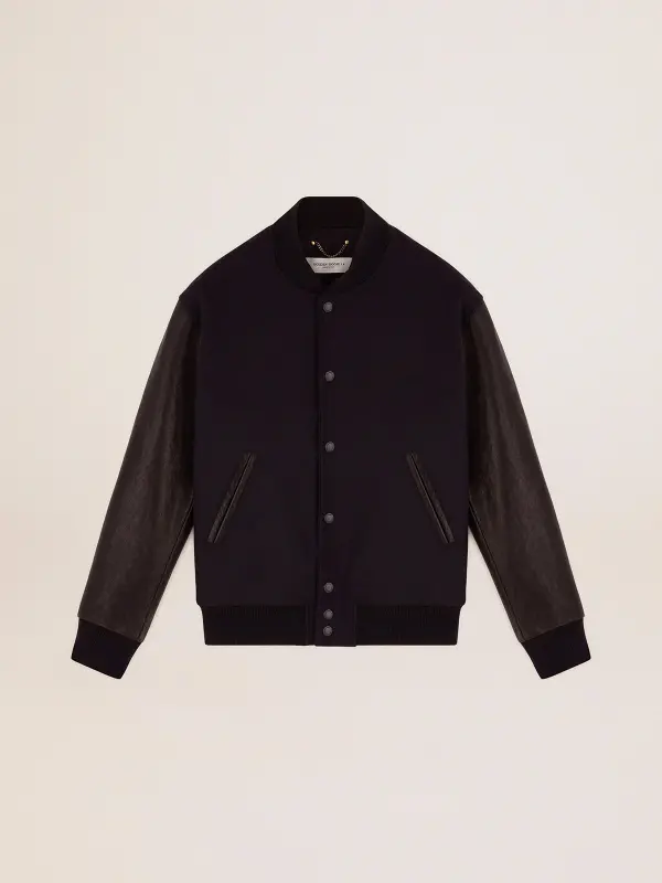 Men’s bomber jacker in blue wool and black leather – Golden Goose online