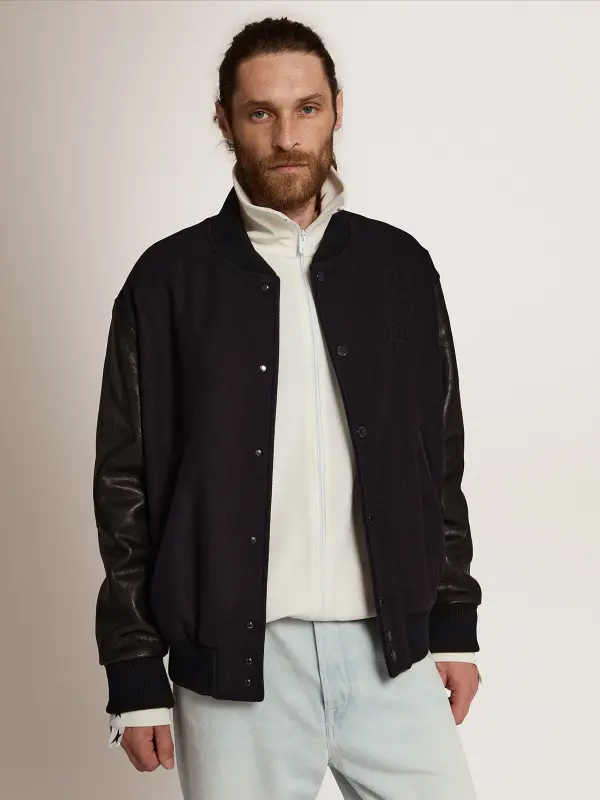 Men’s bomber jacker in blue wool and black leather – Golden Goose online