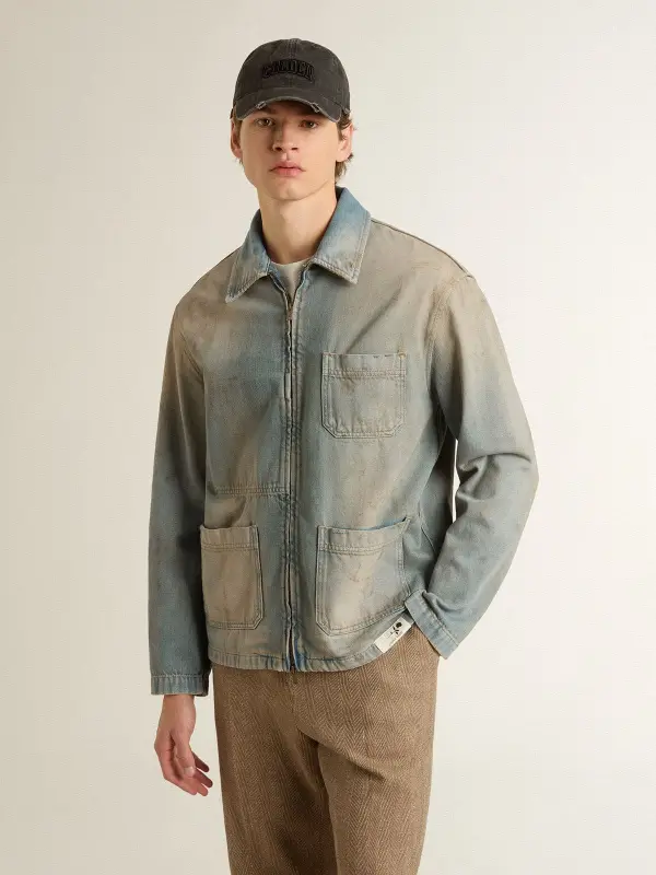 Men’s distressed-effect denim jacket with zip online