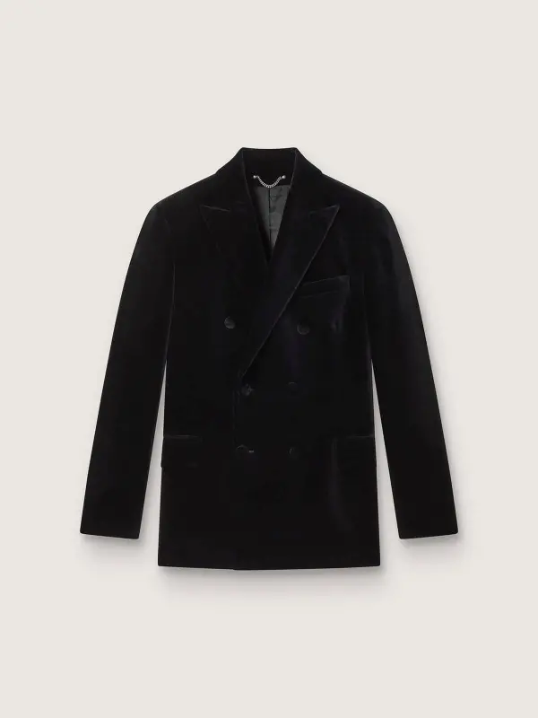 Men’s double-breasted blazer in black velvet with black satin lapels online