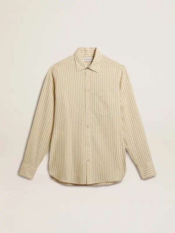 Men’s ecru cotton shirt with narrow black stripes online