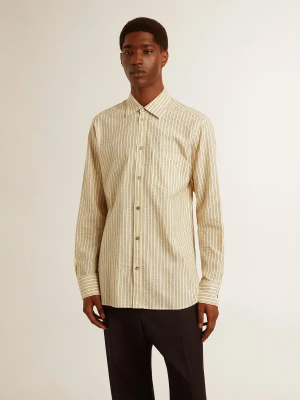 Men’s ecru cotton shirt with narrow black stripes online