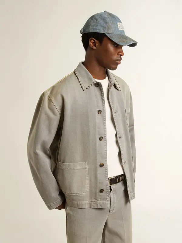 Men’s gray denim jacket with studs online