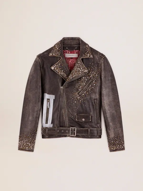 Men’s leather biker jacket with hammered studs and adhesive tape online