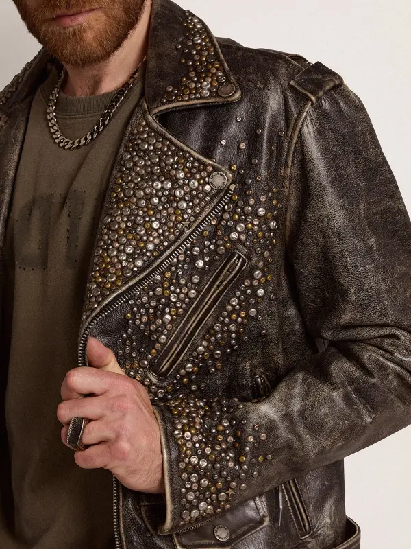 Men’s leather biker jacket with hammered studs and adhesive tape online
