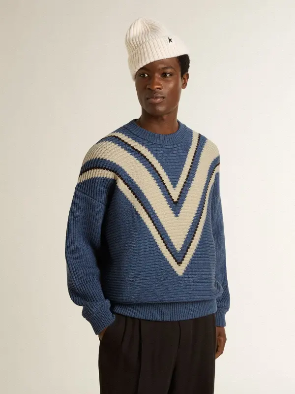 Men’s light blue jacquard wool sweater with cream-colored pattern online
