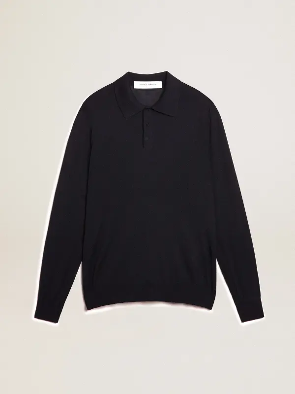 Men’s long-sleeved polo shirt in navy-blue merino wool online