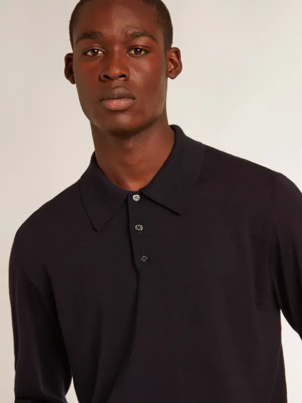 Men’s long-sleeved polo shirt in navy-blue merino wool online