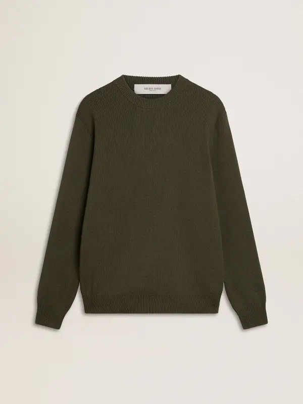 Men’s military green crew neck sweater with ‘Golden’ lettering on the back online