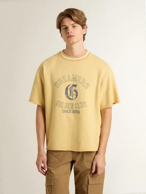 Men’s oversized yellow cotton T-shirt with blue print online