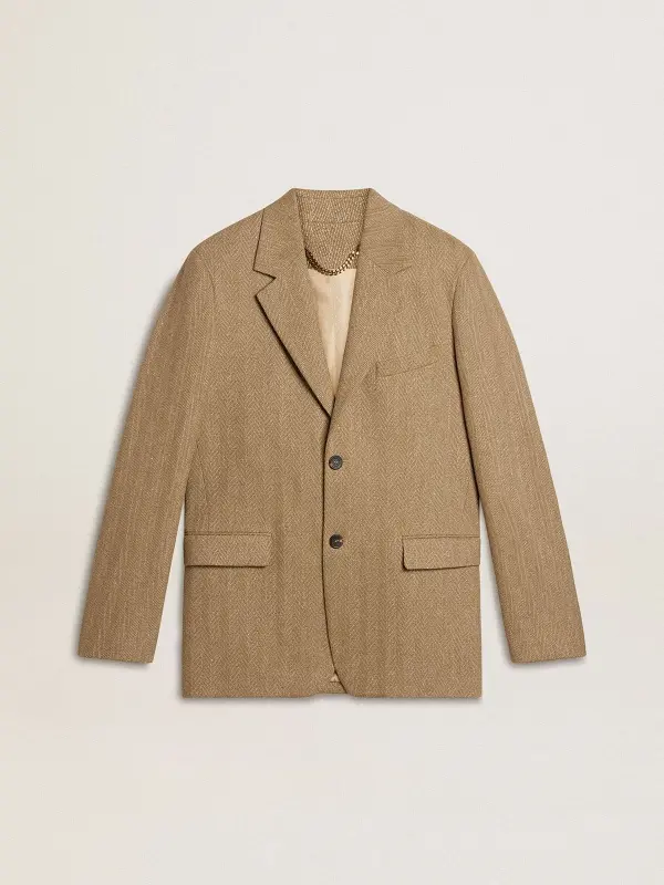Men’s single-breasted blazer in a sand-colored chevron linen blend. online