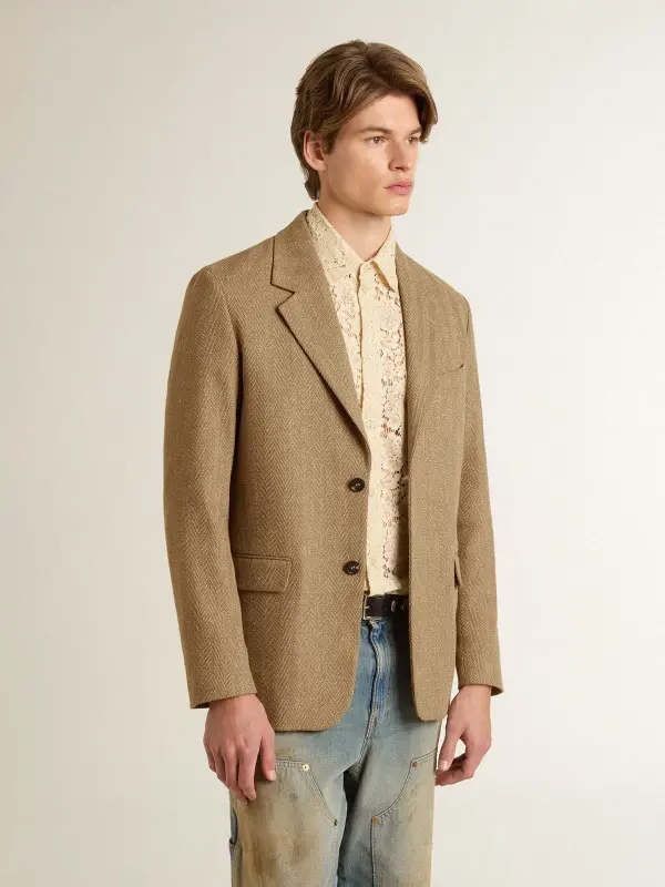 Men’s single-breasted blazer in a sand-colored chevron linen blend. online