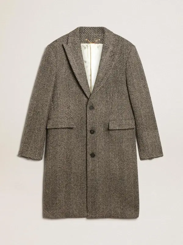 Men’s single-breasted wool coat with beige and gray herringbone weave online