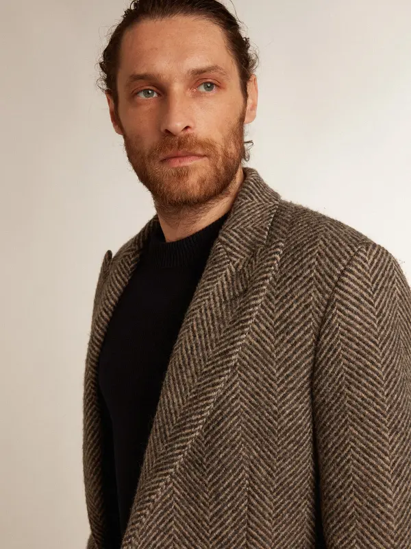 Men’s single-breasted wool coat with beige and gray herringbone weave online
