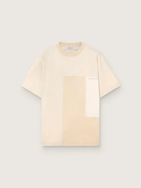 Men’s T-shirt in cotton jersey with white and beige patchwork effect online