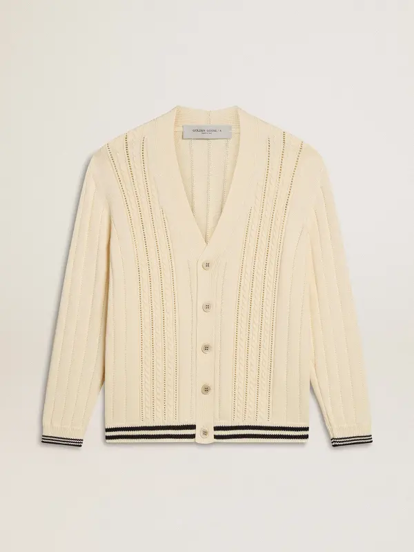 Men’s white cotton cardigan with a cable pattern and blue ribbing online