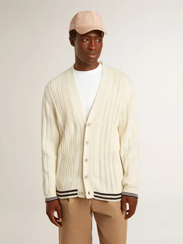 Men’s white cotton cardigan with a cable pattern and blue ribbing online