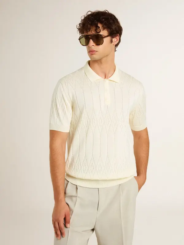 Men’s white jacquard knit polo shirt online