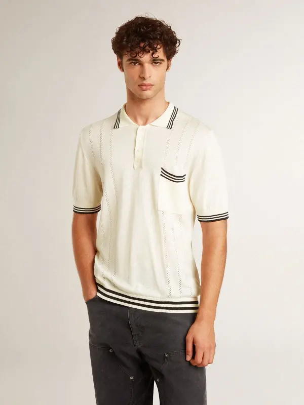 Men’s worn-white knitted polo shirt with blue ribbing online