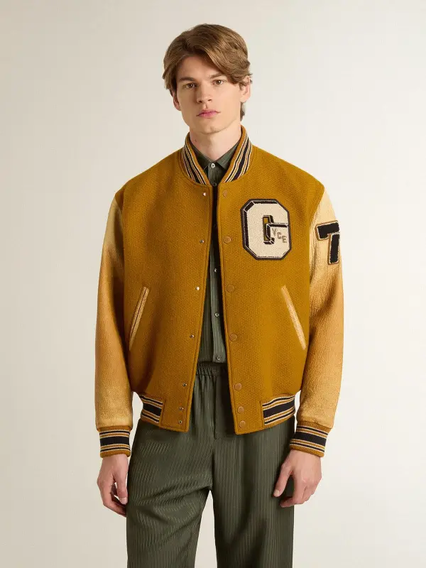 Ochre yellow wool bomber jacket with leather sleeves online