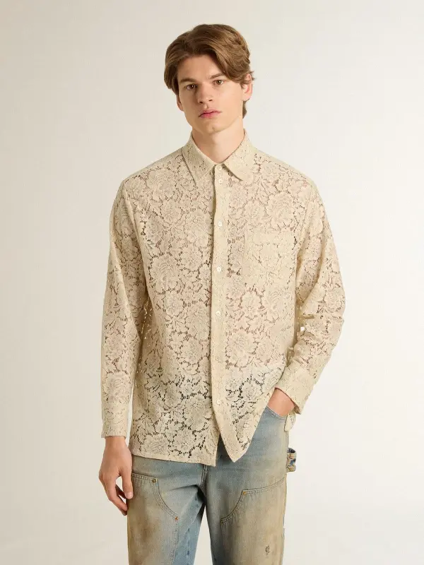 Oversized shirt in cream-colored see-through lace online