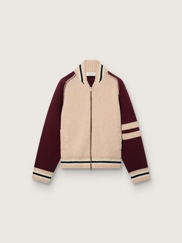Unisex bomber jacket in white and burgundy jacquard knit online