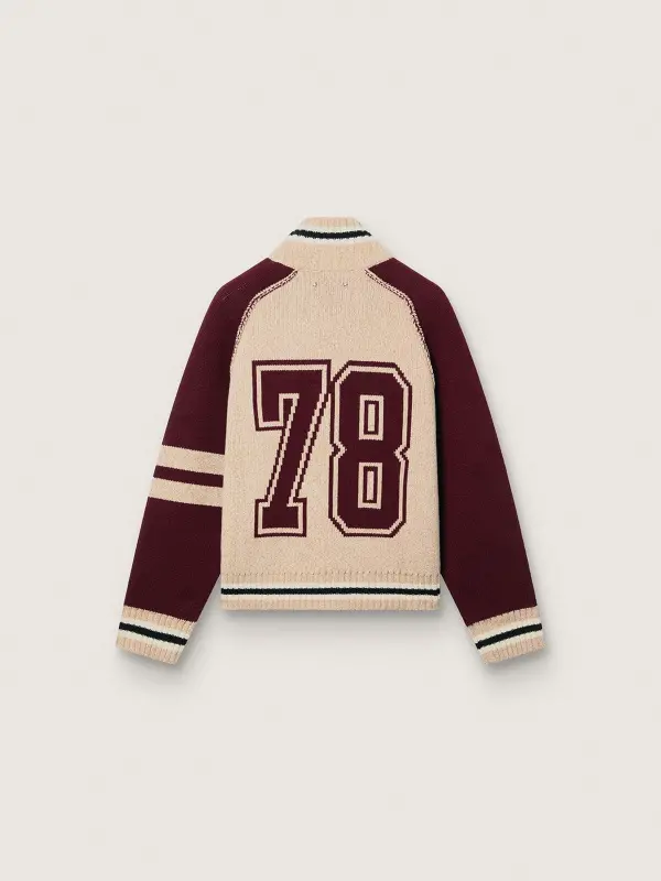 Unisex bomber jacket in white and burgundy jacquard knit online