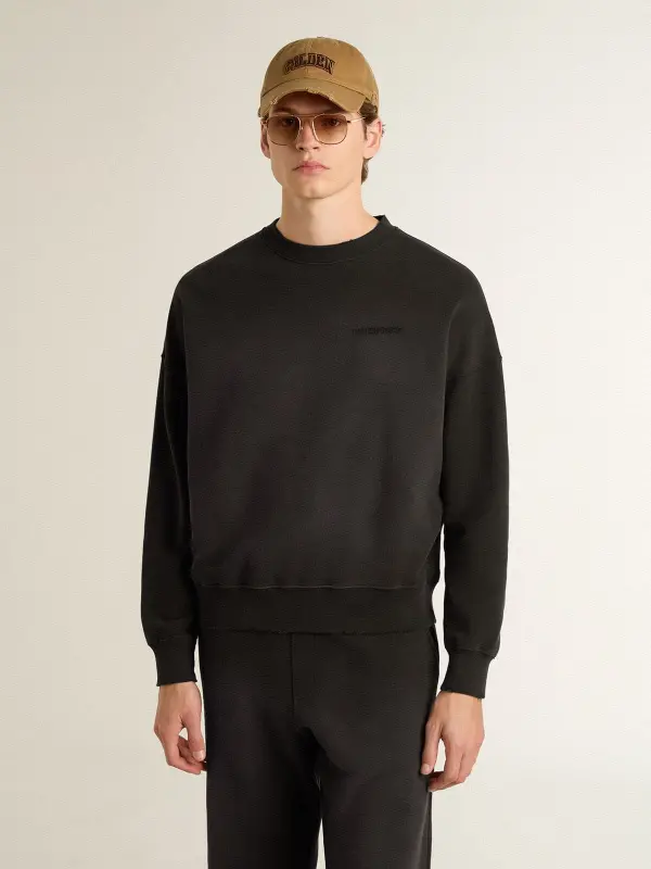 Unisex sweatshirt in worn black cotton with logo embroidery online