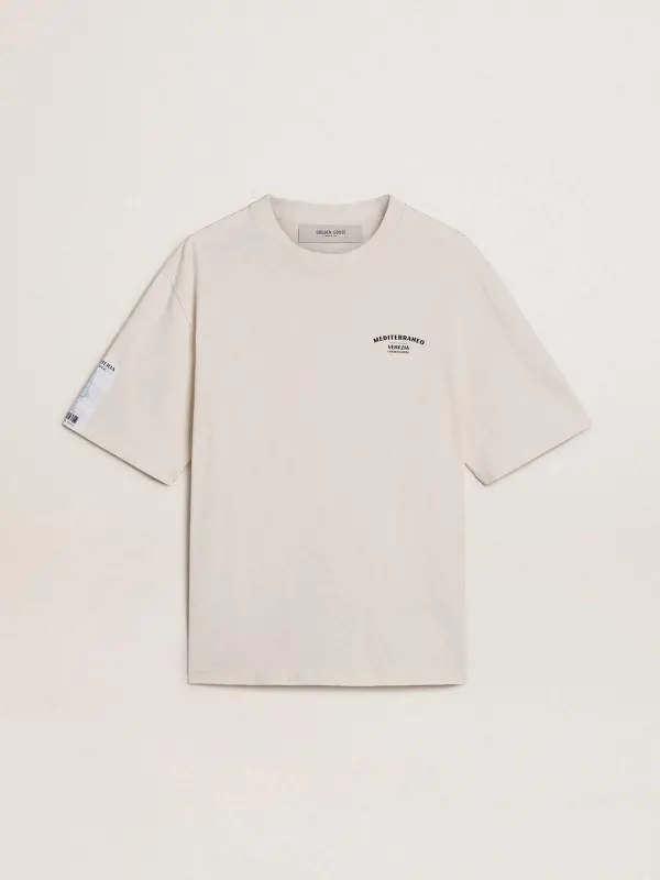 White unisex T-shirt with Mediterranean print and Pescheria Golden patch on the sleeve online