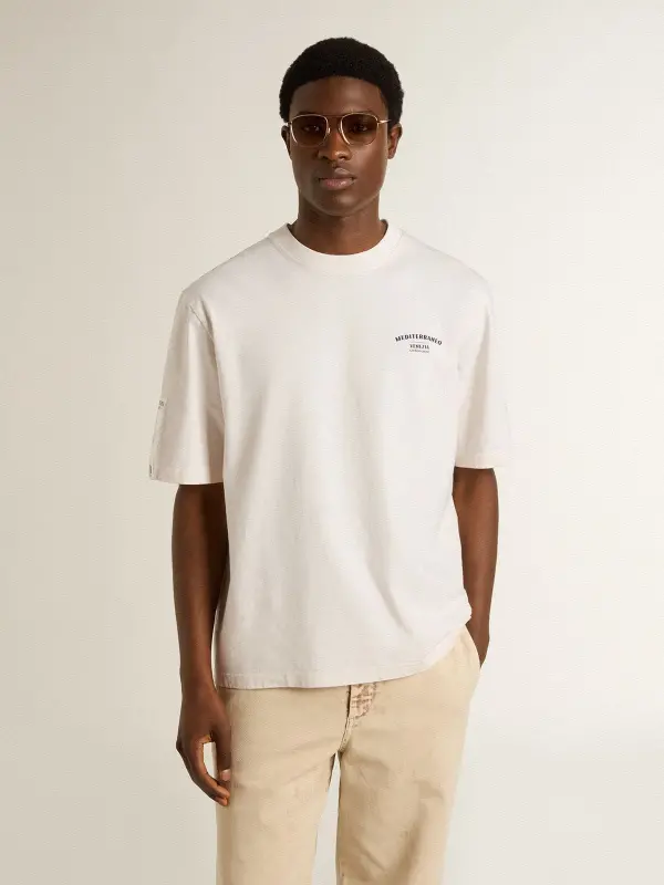 White unisex T-shirt with Mediterranean print and Pescheria Golden patch on the sleeve online