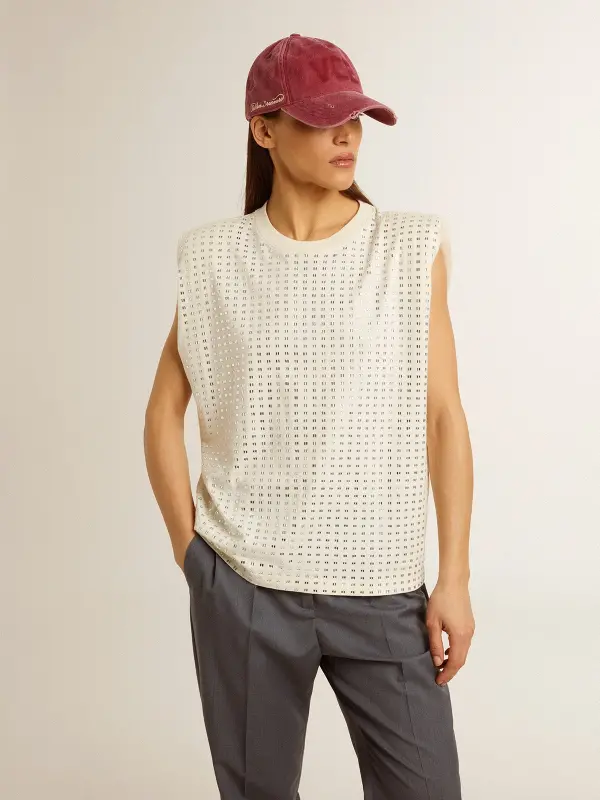 Aged white sleeveless T-shirt embellished with crystals online