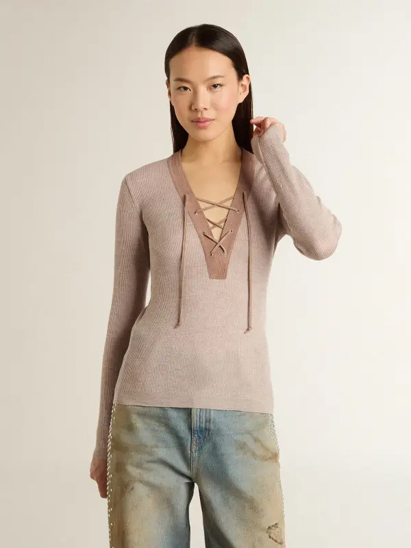 Beige wool sweater with leather details online
