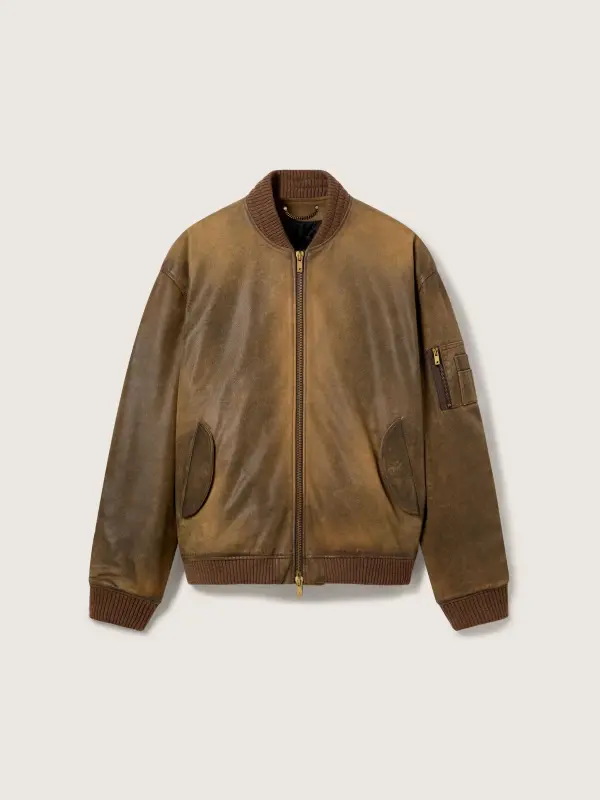 Brown leather biker jacket with a lived-in effect online