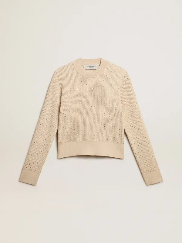 Cropped round-neck sweater in beige wool with all-over crystals online