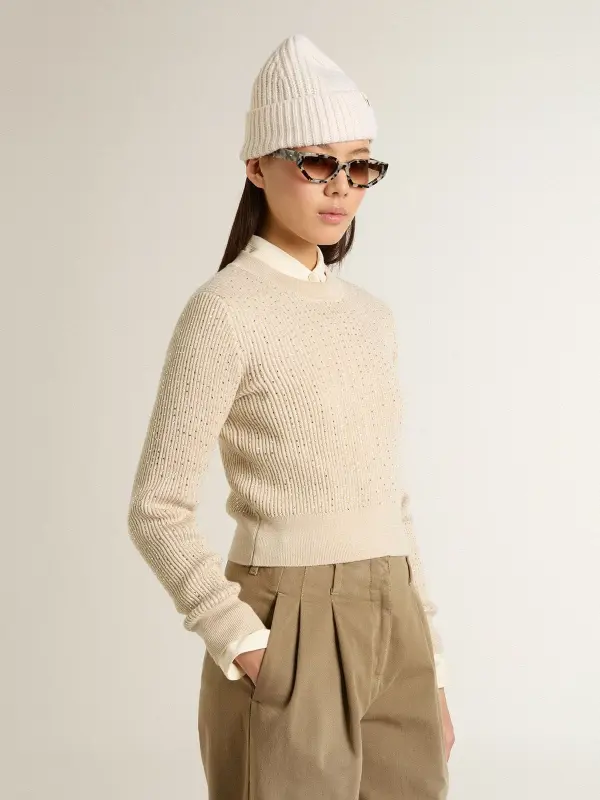 Cropped round-neck sweater in beige wool with all-over crystals online