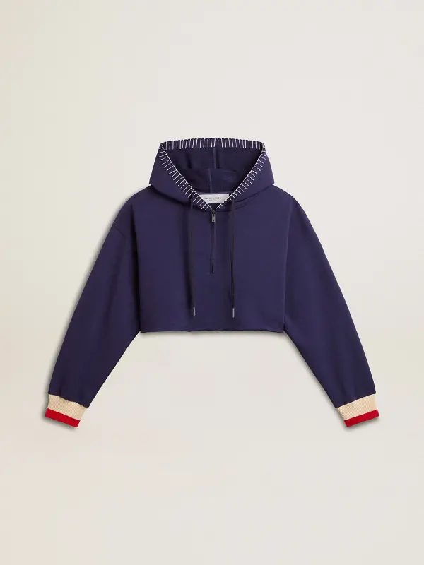 Dark blue cropped sweatshirt with zip fastening and embroidered hood online