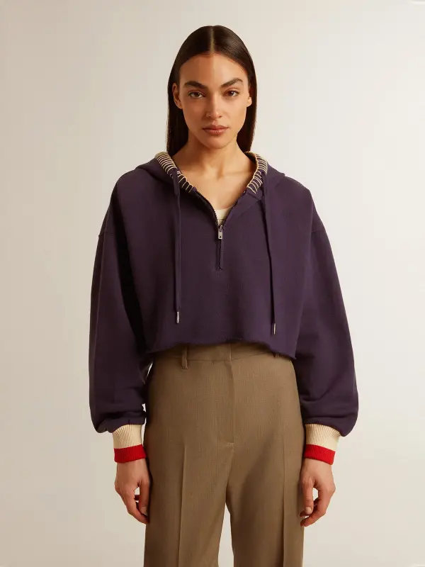Dark blue cropped sweatshirt with zip fastening and embroidered hood online