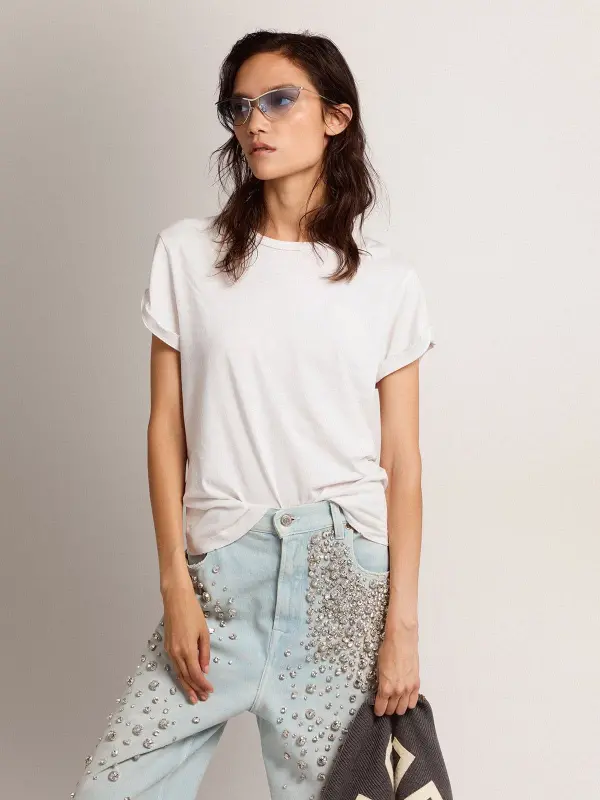 Distressed regular-fit women’s T-shirt in white online