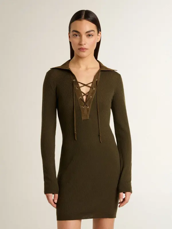 Military green wool mini dress with leather details online