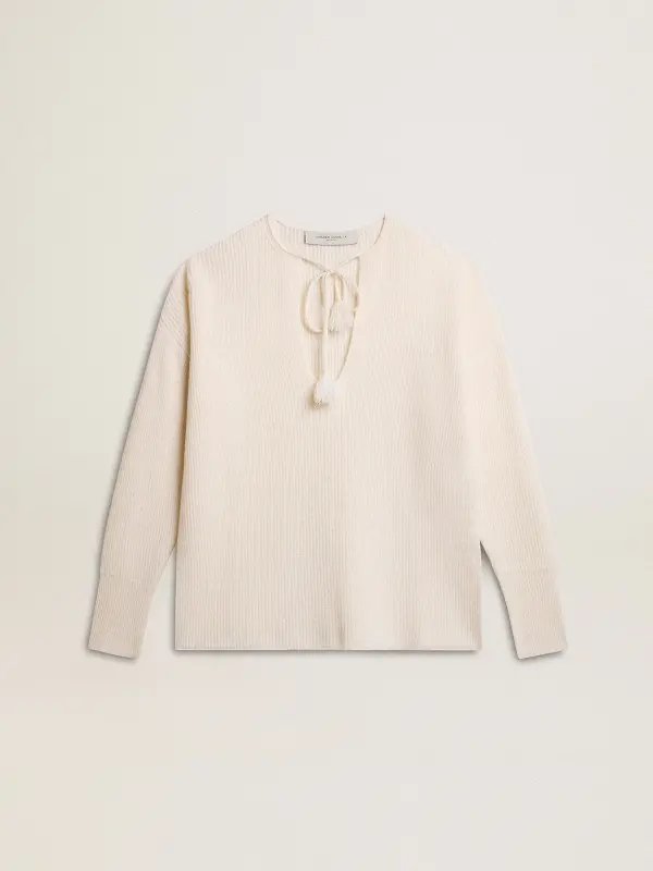 Ribbed wool sweater with V neck and drawstring with tassels online