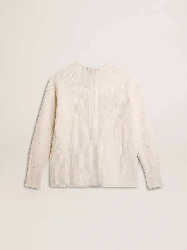 Ribbed wool sweater with V neck and drawstring with tassels online