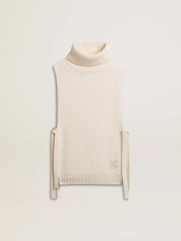 Unisex white high-neck sleeveless sweater in ribbed wool online