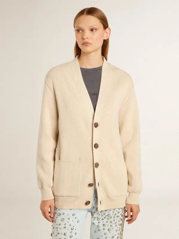 Women’s beige cardigan with ‘Golden’ lettering on the back online