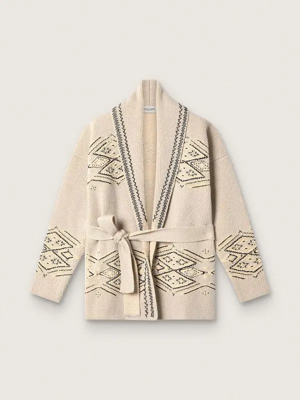 Women’s belted cardigan in beige wool blend with contrast embroidery online