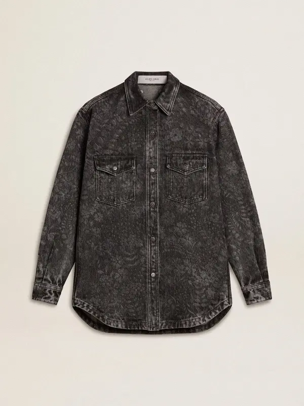 Women’s black denim shirt with ton sur ton floral pattern online
