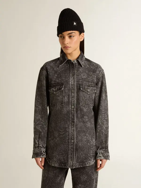 Women’s black denim shirt with ton sur ton floral pattern online