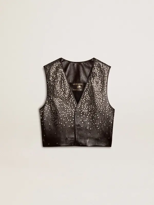 Women’s black leather waistcoat with gradient-effect studs online