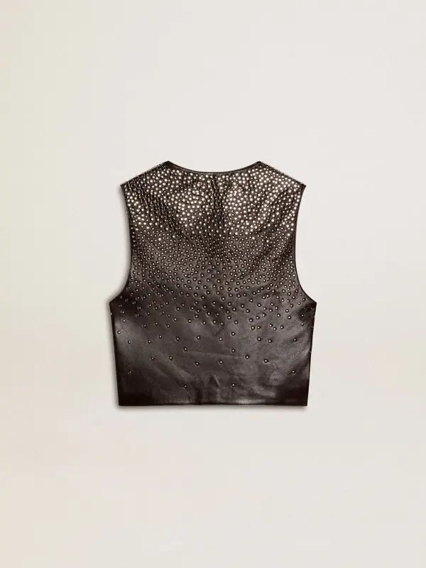 Women’s black leather waistcoat with gradient-effect studs online