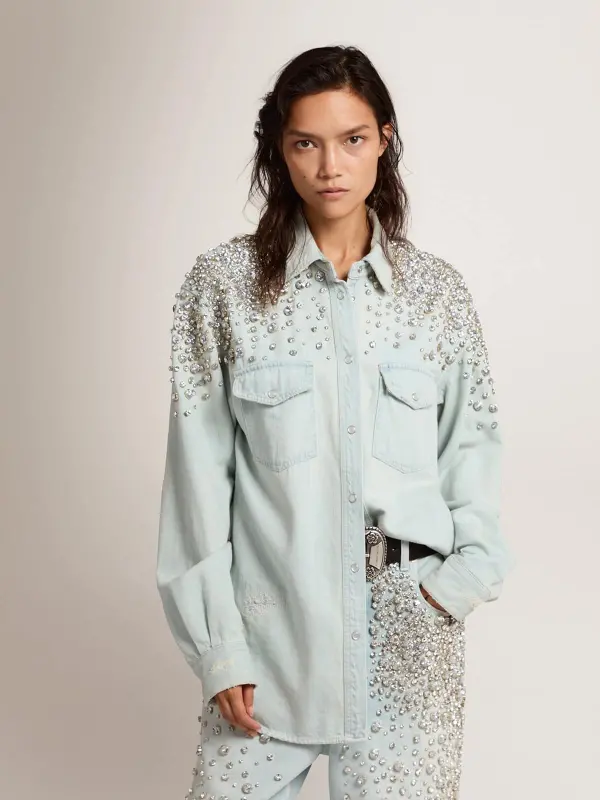 Women’s bleached boyfriend shirt with cabochon crystals online